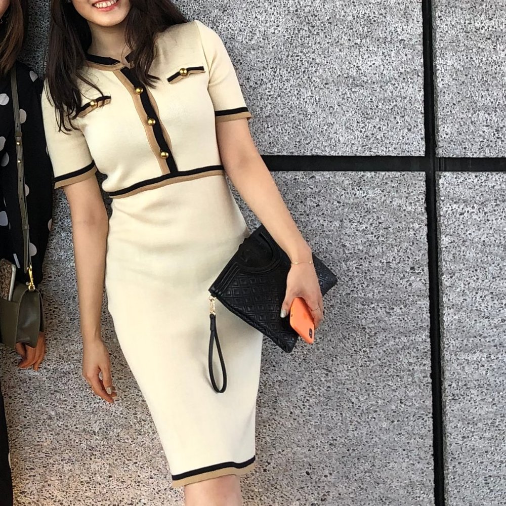 Cream beige ribbed knit dress